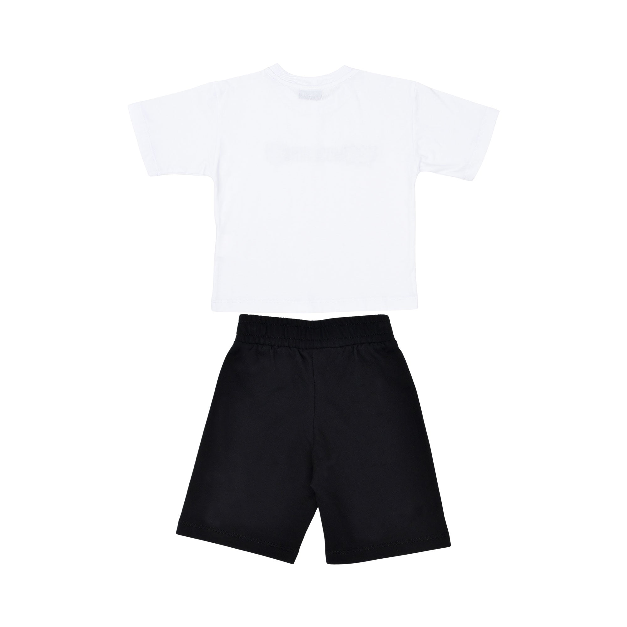 Rear view of the plain white short-sleeved T-shirt and black jersey shorts.