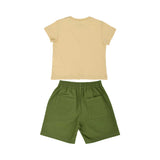 Rear view of the Moschino Baby set showing the plain back of the beige T-shirt and the khaki shorts with two large square patch pockets.