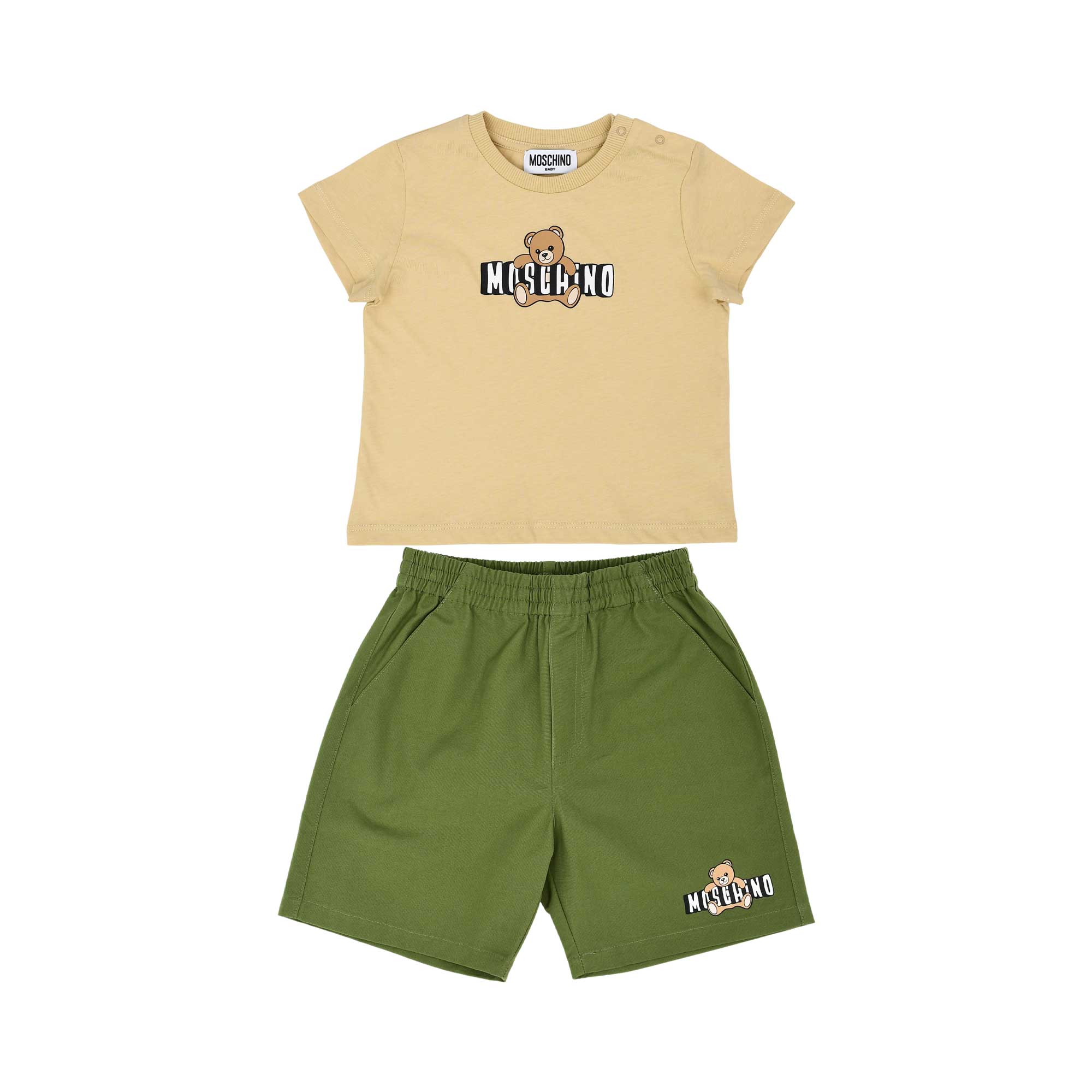 Front view of a Moschino Baby two-piece set featuring a beige short-sleeved T-shirt with a central Teddy Bear logo and khaki green cotton shorts.