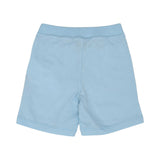 Rear view of the sky blue Moschino Baby shorts showing the simple, comfortable jersey construction and ribbed waist.