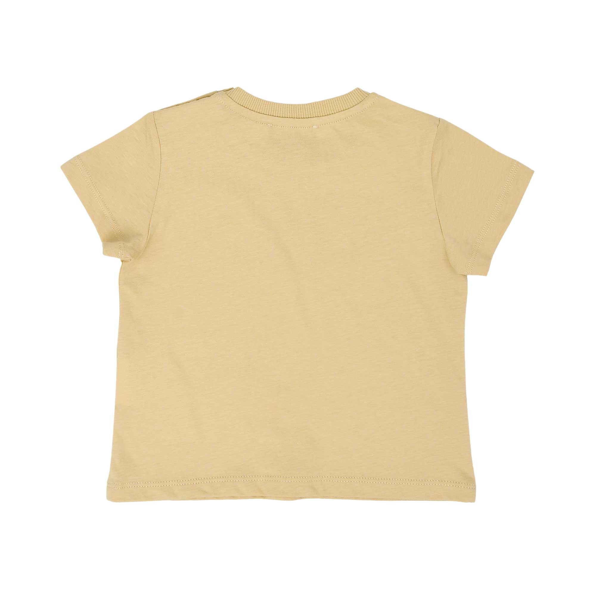 Detailed rear view of the beige Moschino Baby T-shirt showing the clean, seamless back and ribbed crew neckline.
