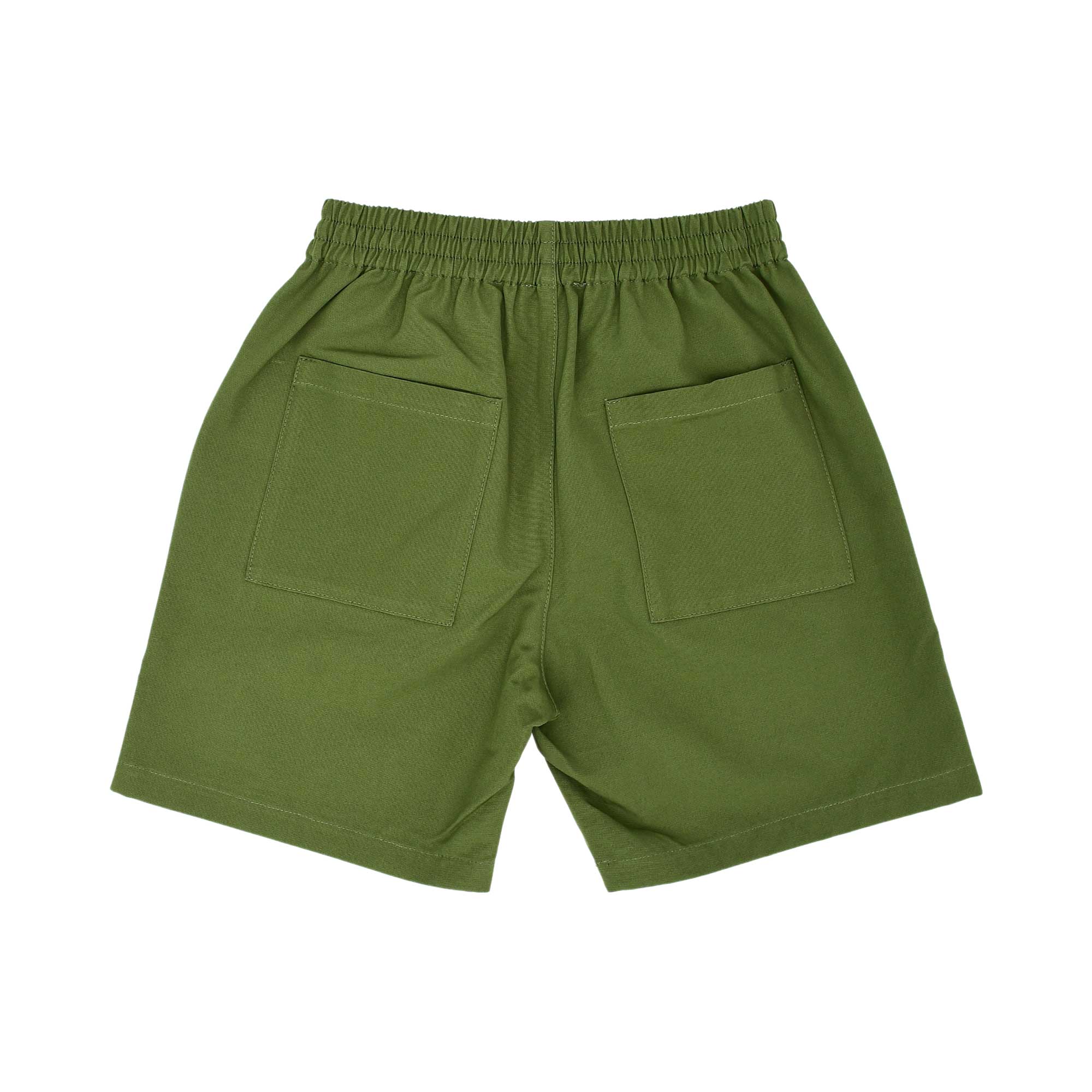 Rear view of the khaki green Moschino Baby shorts showcasing the elasticated waist and two symmetrical oversized patch pockets on the back.