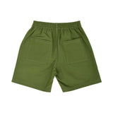 Rear view of the khaki green Moschino Baby shorts showcasing the elasticated waist and two symmetrical oversized patch pockets on the back.