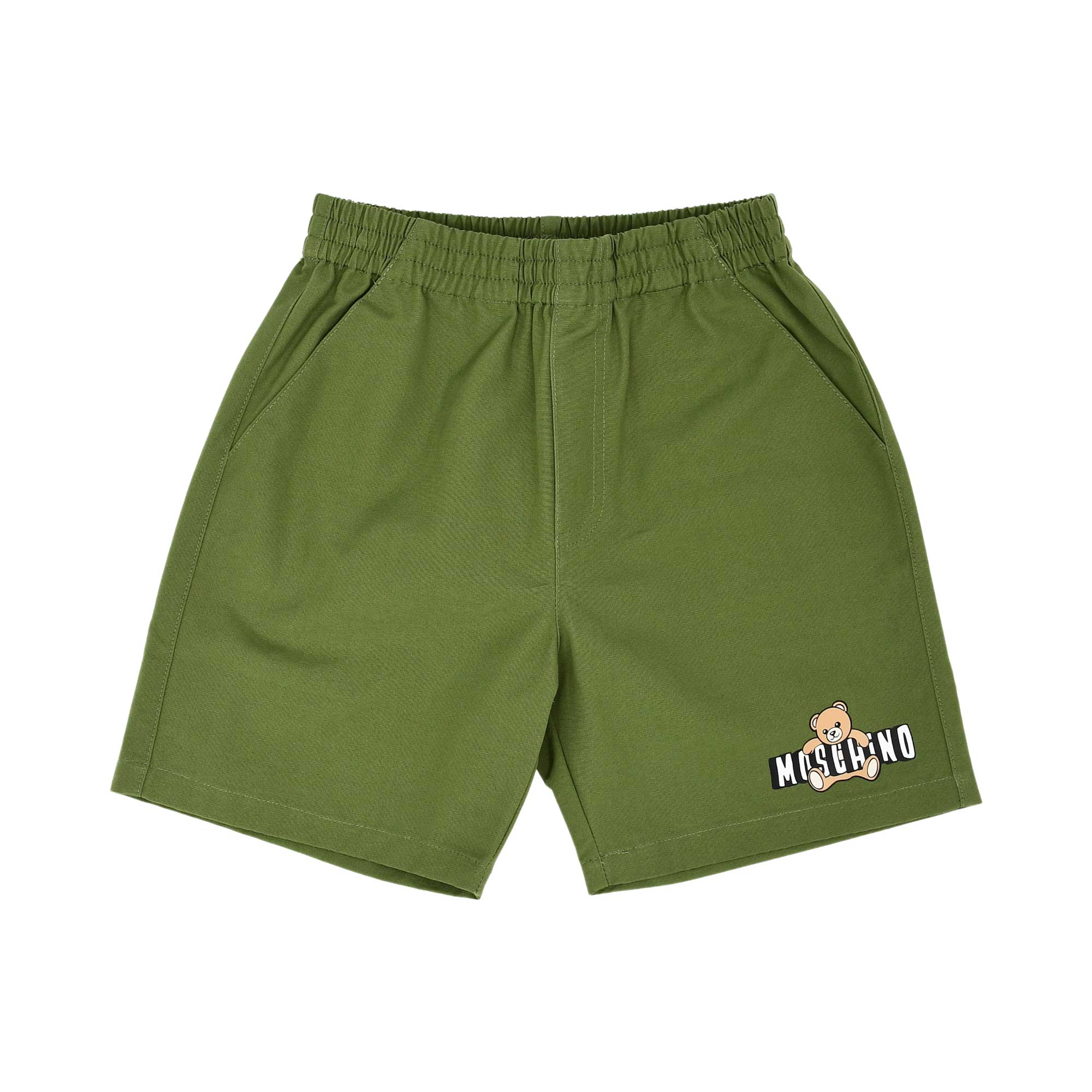 Front view of the khaki green Moschino Baby shorts featuring an elasticated waistband, side pockets, and a small Teddy Bear logo on the left leg.