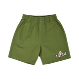 Front view of the khaki green Moschino Baby shorts featuring an elasticated waistband, side pockets, and a small Teddy Bear logo on the left leg.