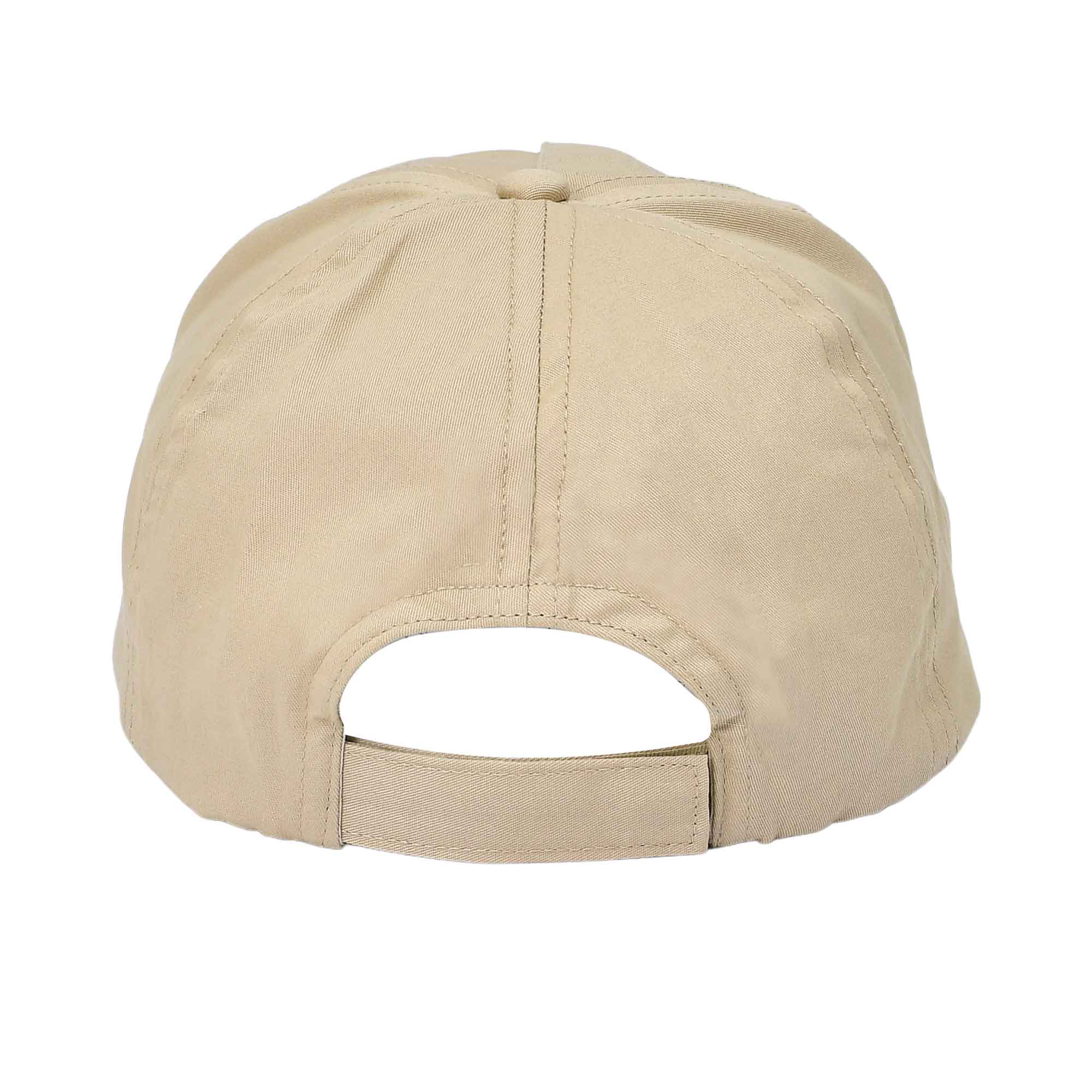 Rear view of the beige baseball cap featuring a matching adjustable Velcro touch-strap for secure fitting.