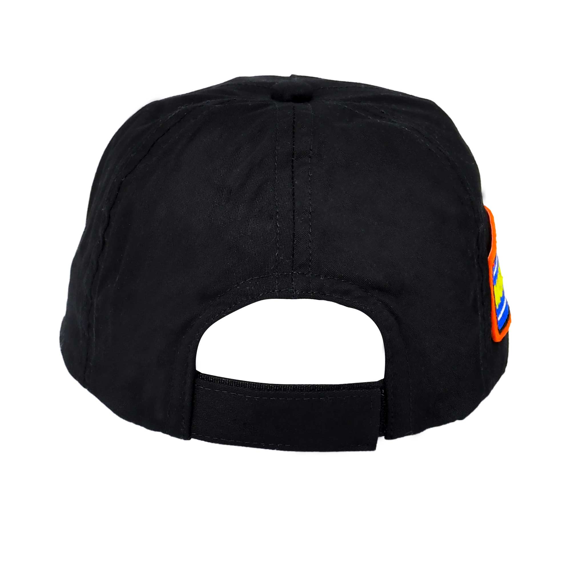 Rear view of the Moschino cap showing the adjustable black Velcro touch-strap fastening and the open back design.