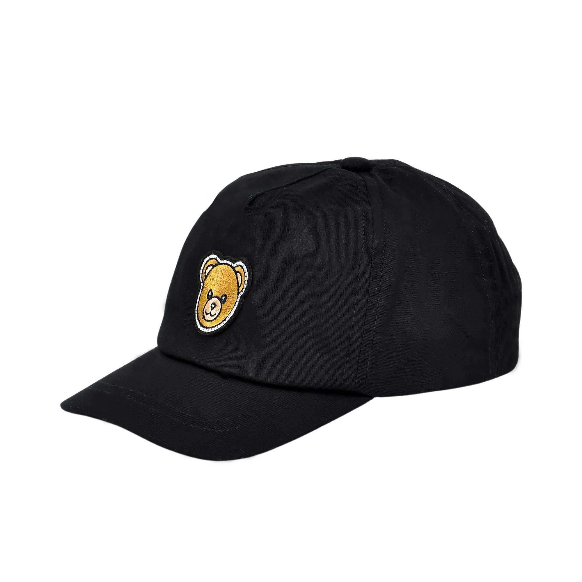 Side view of the black baseball cap showing the clean five-panel construction and the central Teddy Bear motif.