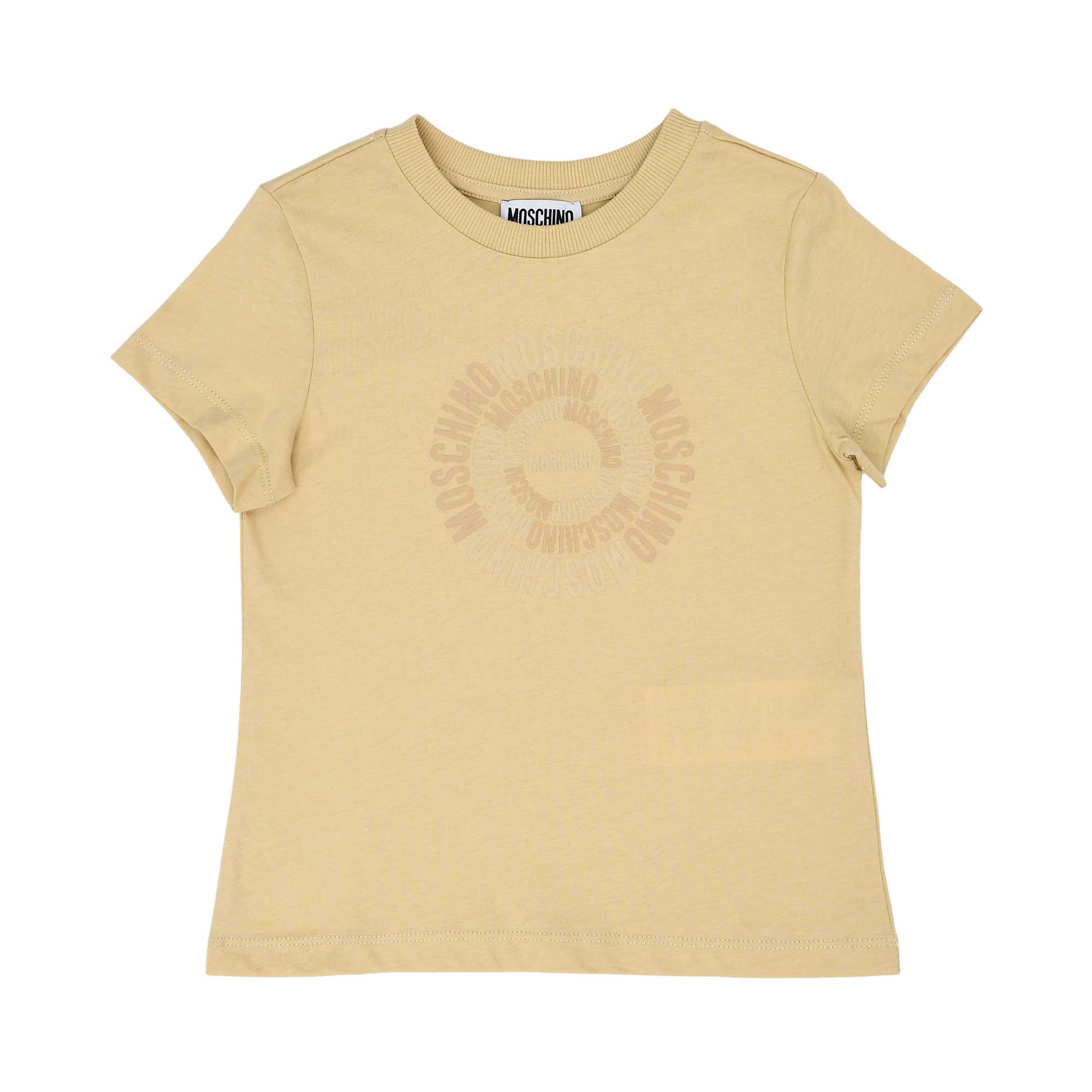 Front view of a sand-colored Moschino Kids t-shirt featuring a subtle, tonal circular logo design printed in the center of the chest.