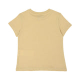 Back view of a plain sand beige short-sleeved cotton t-shirt for kids, showcasing the smooth fabric and high-quality stitching.