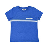 Front view of a blue Moschino Kids T-shirt featuring a colorful rainbow-style logo across the chest.