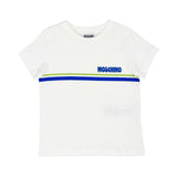Front view of a white Moschino Kids T-shirt featuring a colorful rainbow-style logo across the chest.