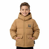 Child wearing a brown puffer jacket with a logo on a white background.