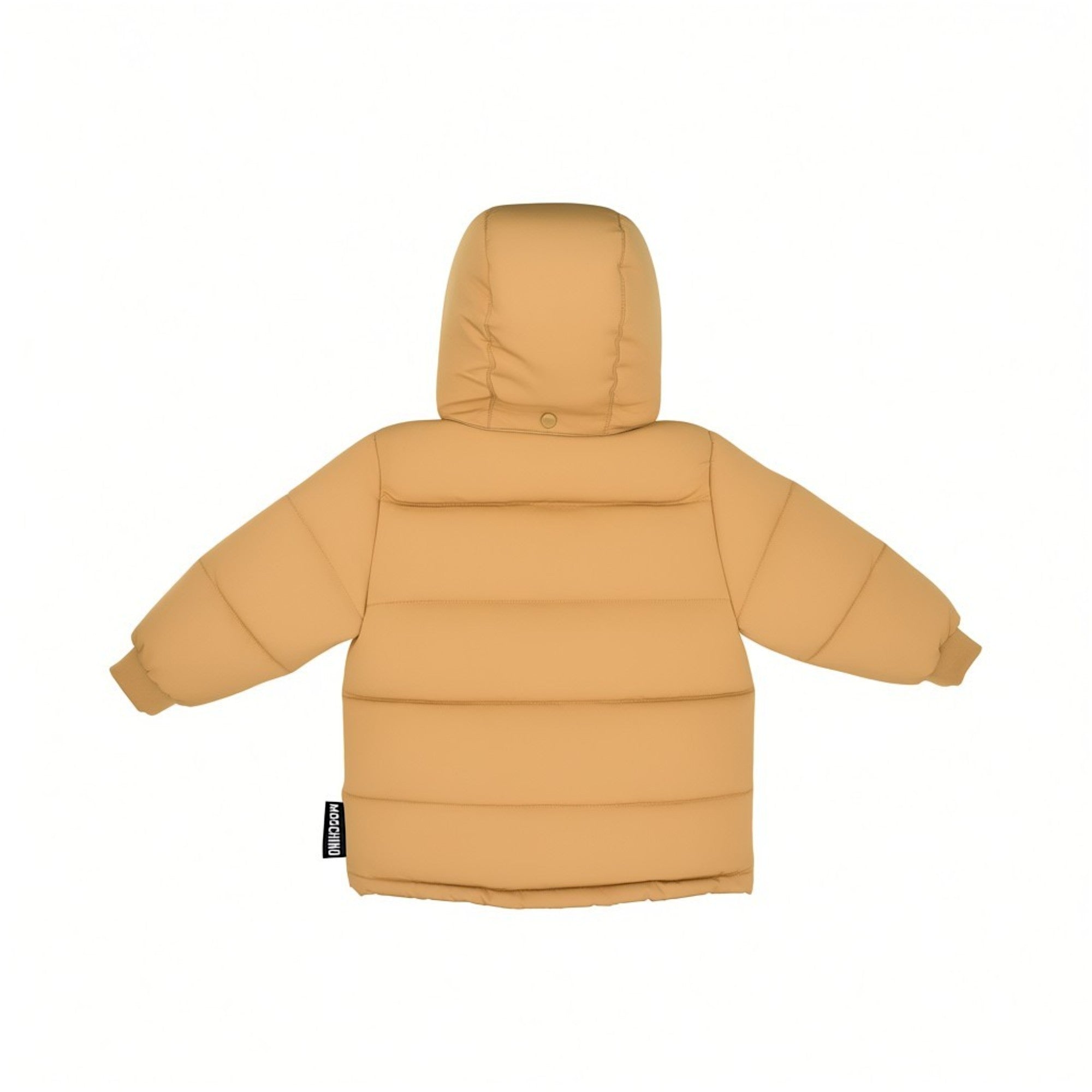 Back view of the Moschino Kids boys camel brown puffer jacket highlighting the thick insulated hood, even horizontal quilting panels, and a black and white vertical logo tag on the side.