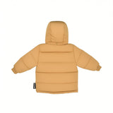 Back view of the Moschino Kids boys camel brown puffer jacket highlighting the thick insulated hood, even horizontal quilting panels, and a black and white vertical logo tag on the side.