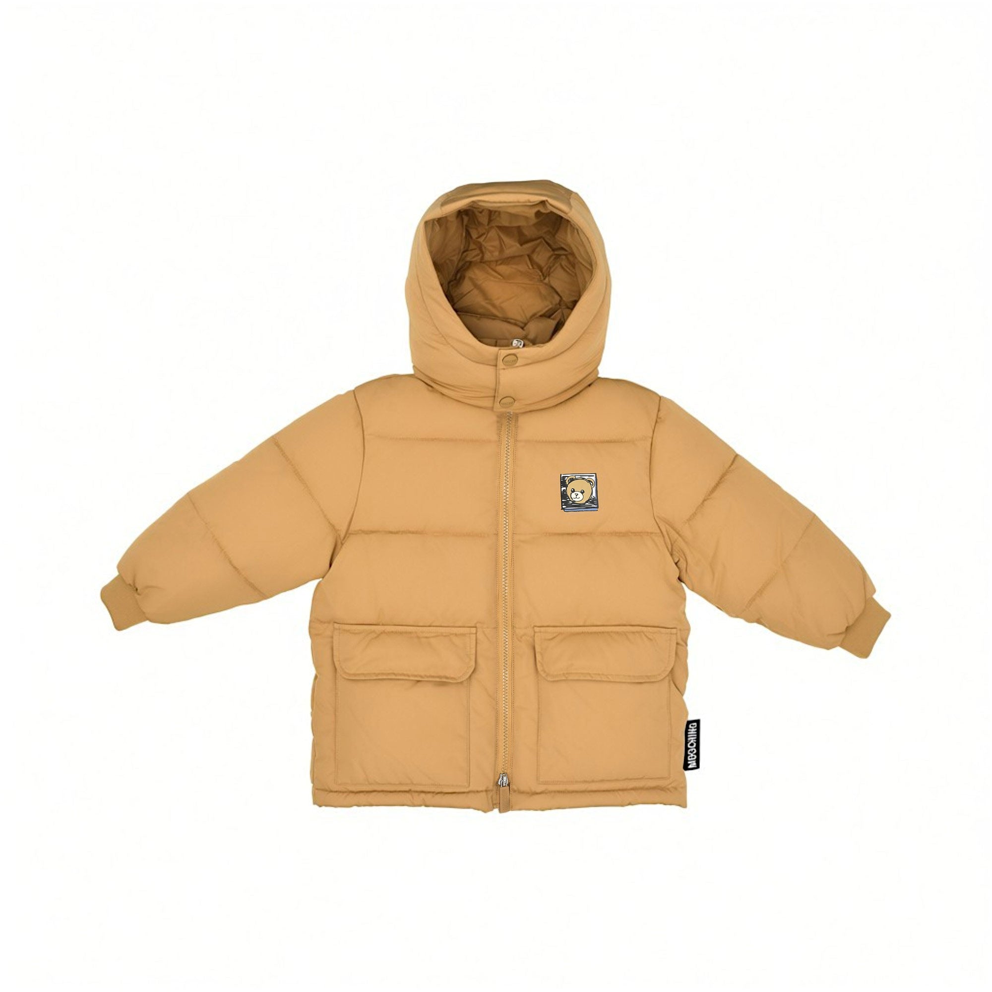 Front view of a Moschino Kids boys puffer jacket in camel brown, featuring horizontal quilting, a large padded hood, two front flap pockets, and a Teddy Bear chest patch.