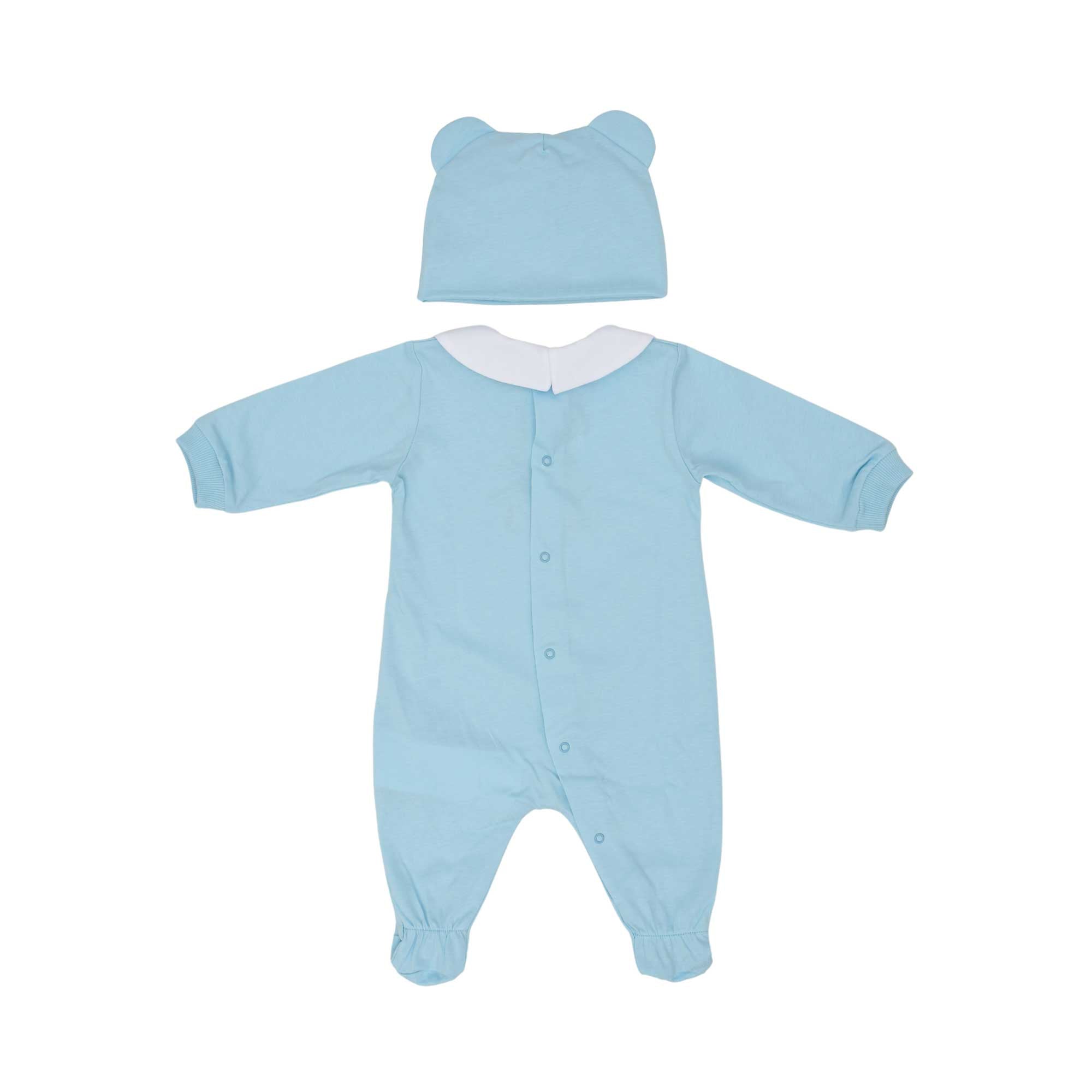 Back view of the Moschino Kids babygrow showing the popper fastening alignment and the plain white back of the bear-ear hat.