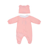 Back view of the Moschino Kids babygrow showing the popper fastening alignment and the plain white back of the bear-ear hat.