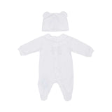 Back view of the Moschino Kids babygrow showing the popper fastening alignment and the plain white back of the bear-ear hat.