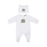 Front view of a white Moschino Kids babygrow with a Peter Pan collar and a matching white hat with bear ears, both featuring the Teddy Bear logo