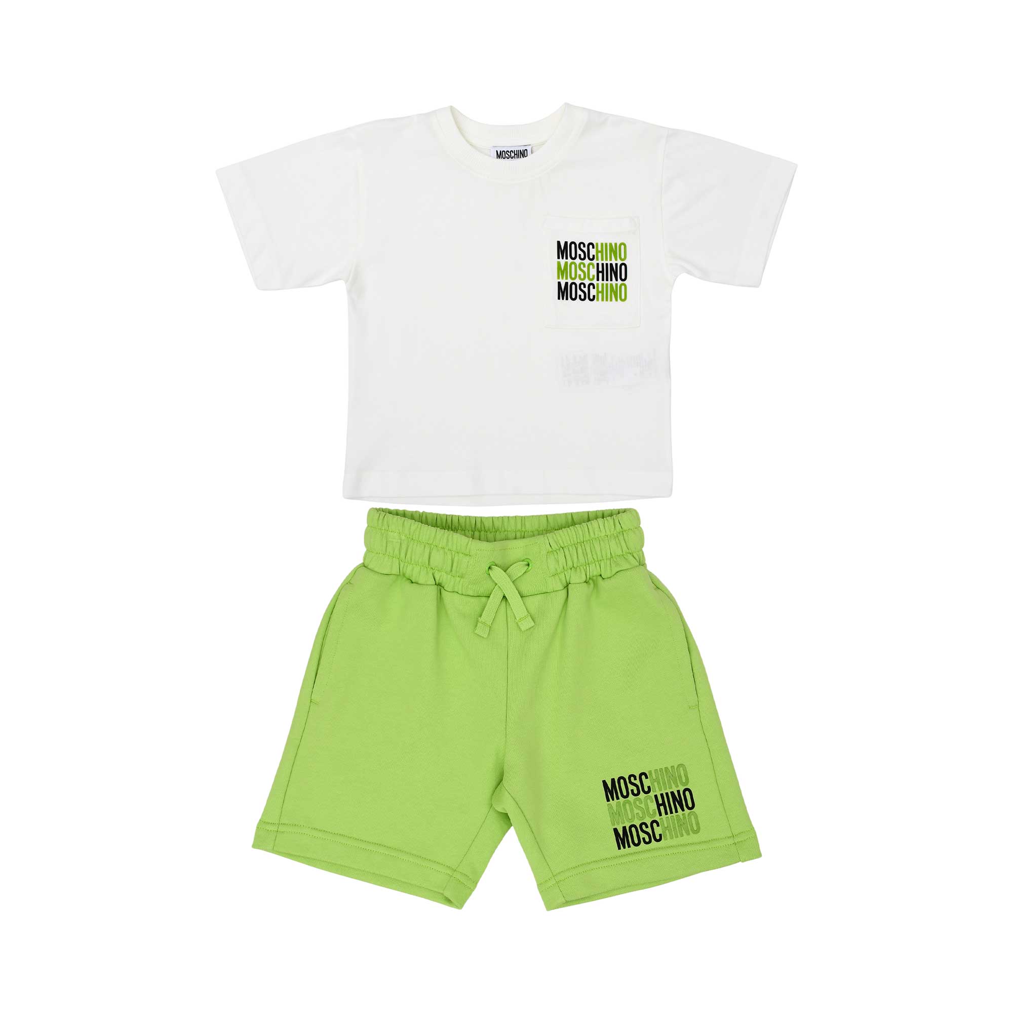 Front view of Moschino kids' two-piece set featuring black T-shirt with pocket logo and matching shorts.