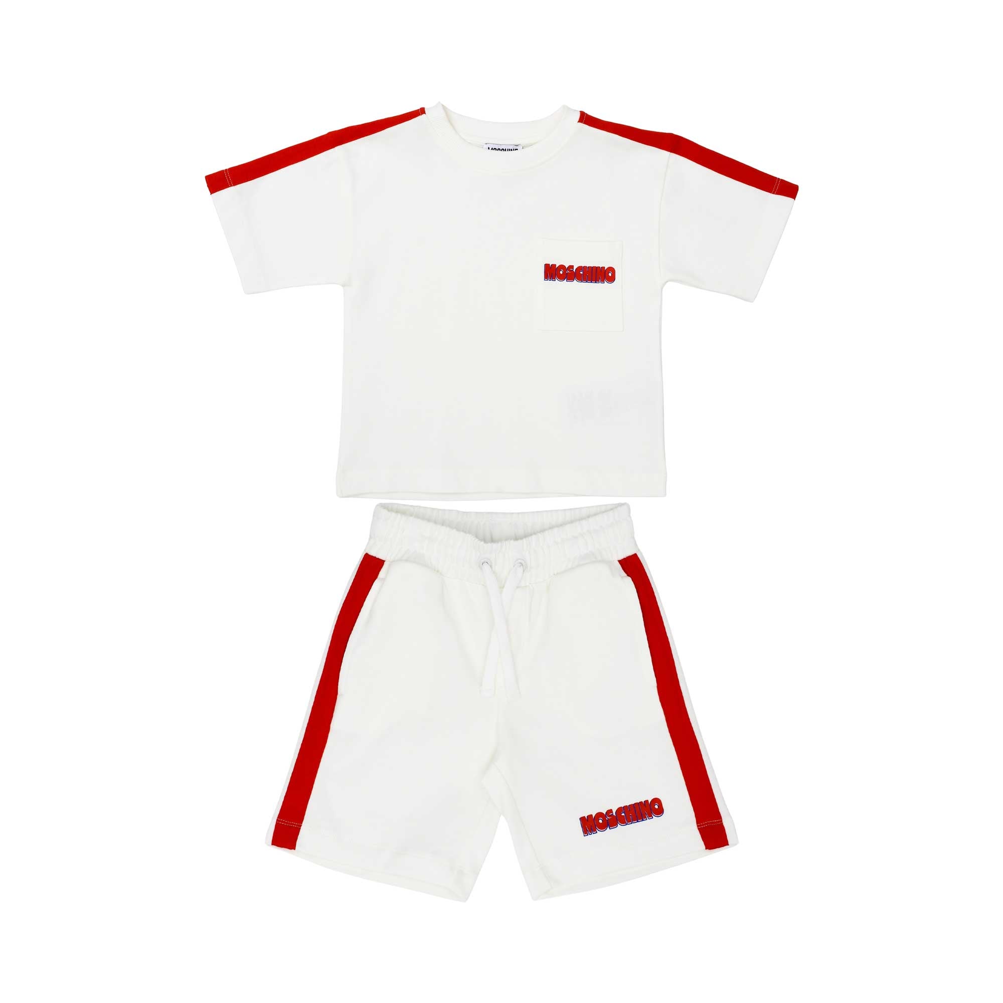 Front view of Moschino Kids white set: T-shirt and shorts with red side stripes and colorful logos.