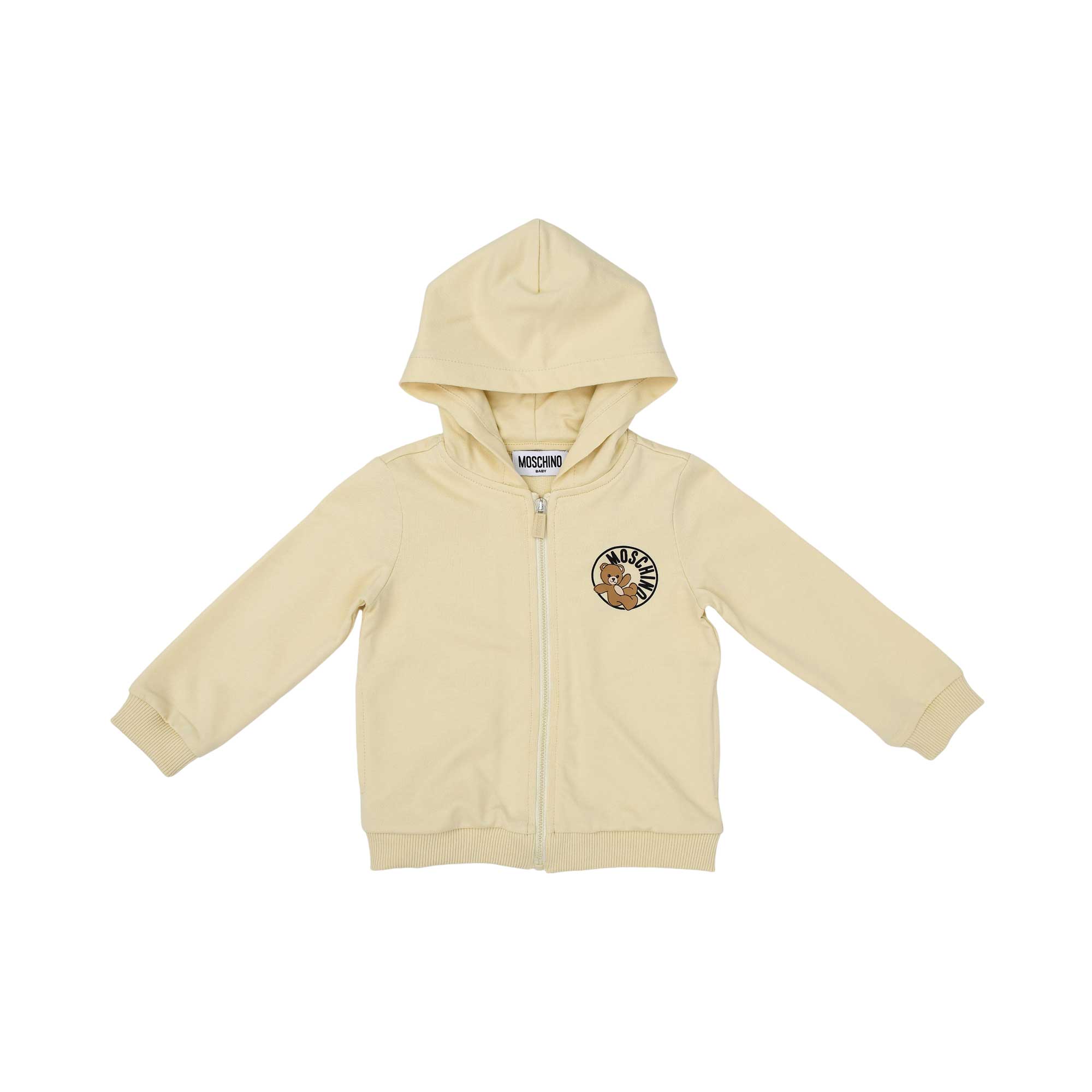 Close-up front view of the Moschino hoodie featuring the central zip and circular Teddy Bear logo patch on the chest.