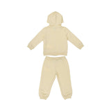 Back view of the full Moschino Kids cream tracksuit set showing the hood and clean finish.