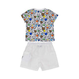 Back view of the full Moschino Kids set showing the continuation of the graphic print on the T-shirt.