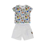 Front view of a Moschino Kids set featuring a colorful Teddy Bear print T-shirt and white cotton shorts with cargo pockets.