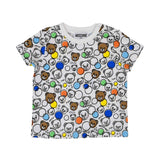 Detailed front view of the white T-shirt showing the all-over multi-colored bubble and Teddy Bear motif.