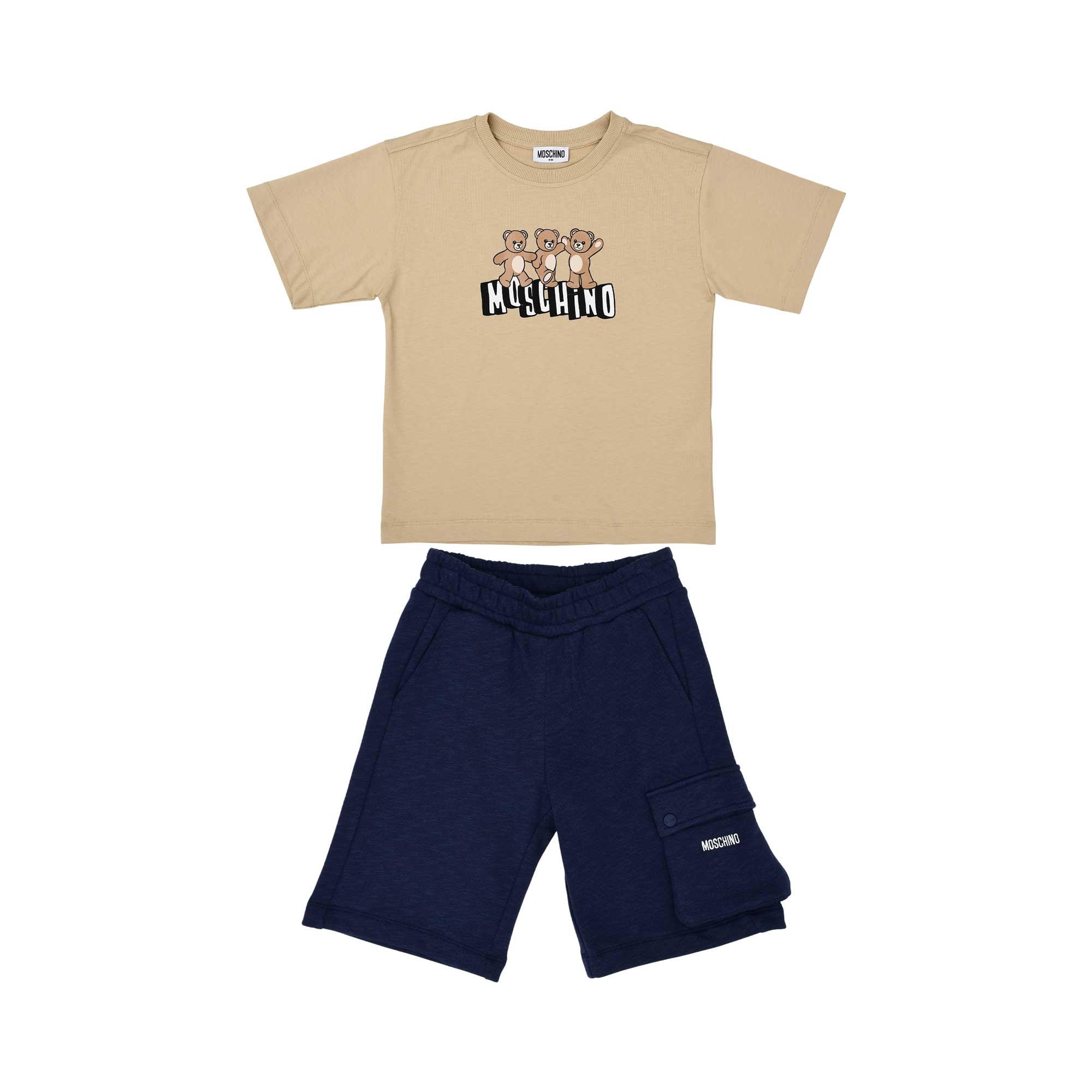 Front full view of Moschino Kids set: beige T-shirt with Teddy Bear graphic and navy cargo shorts.