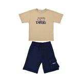 Front full view of Moschino Kids set: beige T-shirt with Teddy Bear graphic and navy cargo shorts.