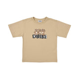 Front view of Moschino Kids beige T-shirt featuring triple Teddy Bear illustration and logo.