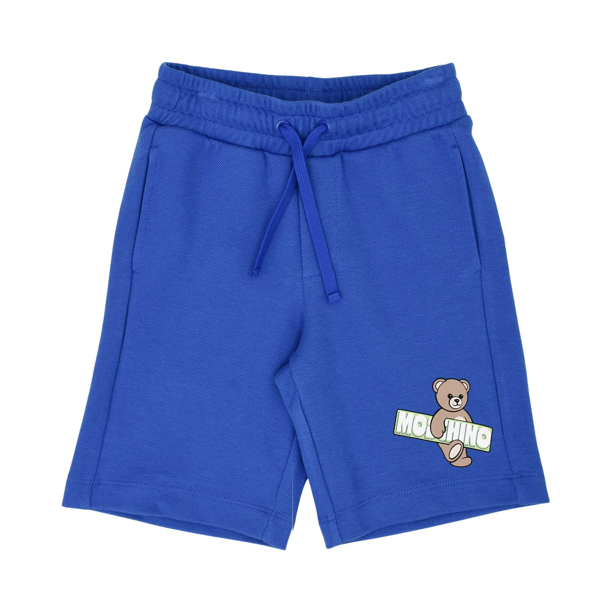 Front view of the blue Moschino shorts featuring a drawstring waist and Teddy Bear graphic on the left leg.