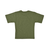 Back view of a plain olive green short-sleeved t-shirt for kids, showing the textured fabric and clean silhouette.