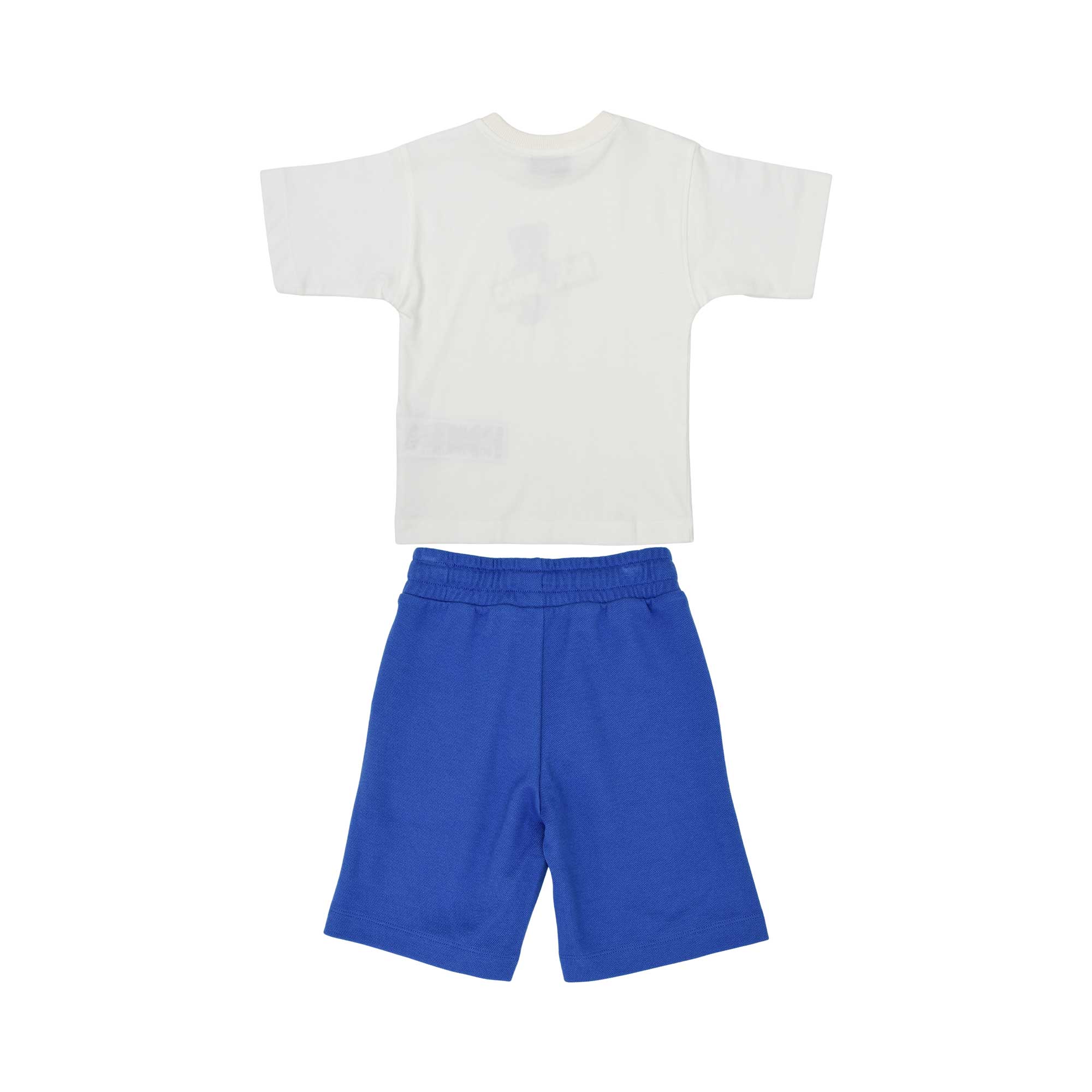 Back view of the complete Moschino Kids two-piece summer set in white and blue.