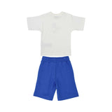 Back view of the complete Moschino Kids two-piece summer set in white and blue.