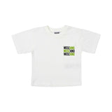 Front view of Moschino kids' white short-sleeve T-shirt with white triple logo on chest pocket.
