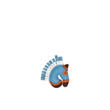 A handcrafted leather bag charm by MUNI shaped like a horse's head. The charm features a brown leather face, a layered fringe mane in alternating tan and ochre, and a cream-colored leather loop for attachment against a white background.