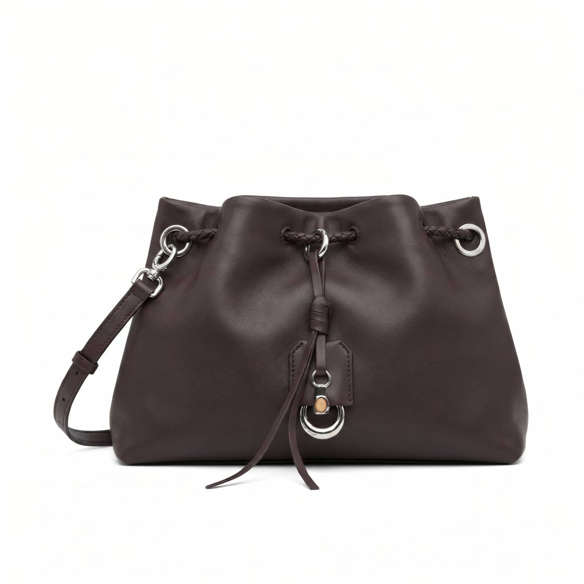 Front view of a brown MUNI leather drawstring shoulder bag with silver hardware from BLUE SALON.
