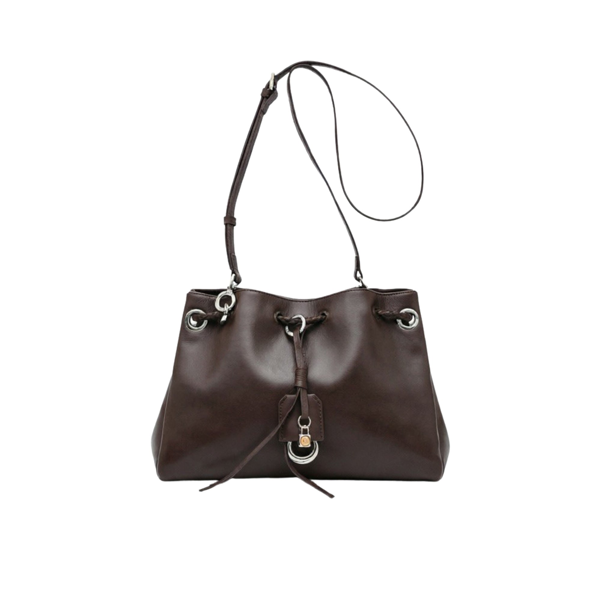 Full front shot of a light green leather MUNI handbag with its shoulder strap extended vertically, from BLUE SALON.