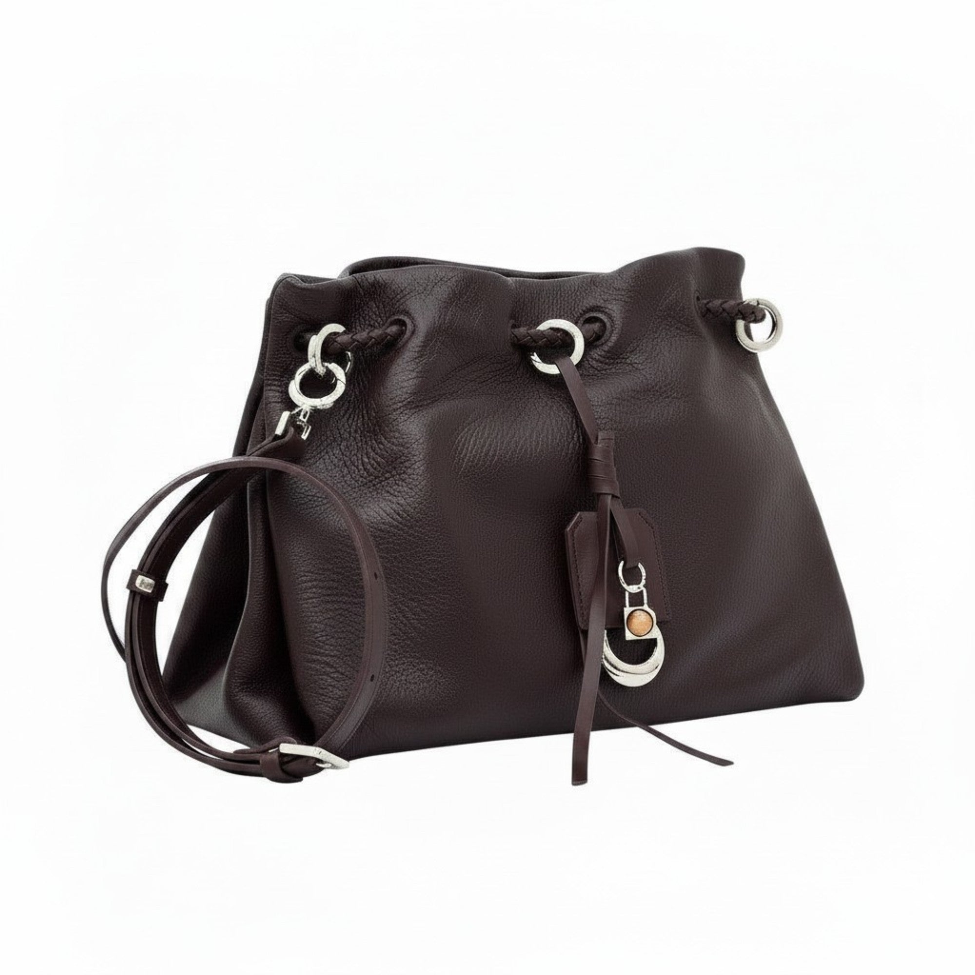 Front-angled perspective of a brown leather MUNI shoulder bag showing its slouchy silhouette, exclusively at BLUE SALON.
