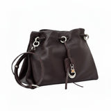 Front-angled perspective of a brown leather MUNI shoulder bag showing its slouchy silhouette, exclusively at BLUE SALON.