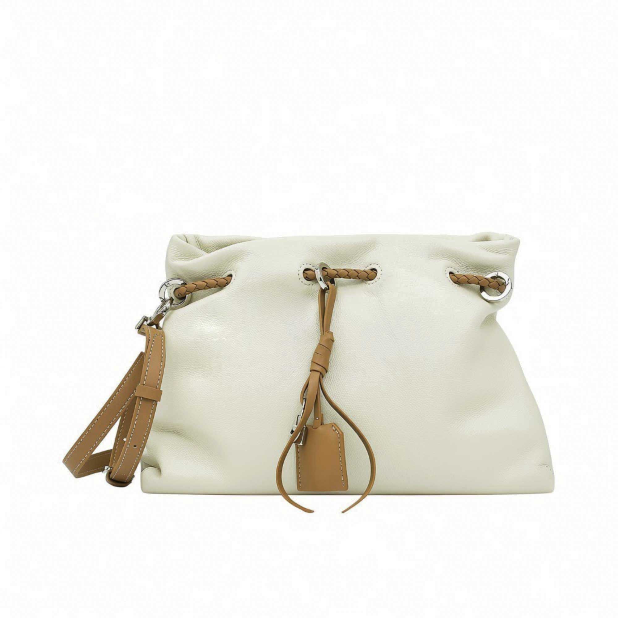 Front view of a white MUNI leather drawstring shoulder bag with silver hardware from BLUE SALON.