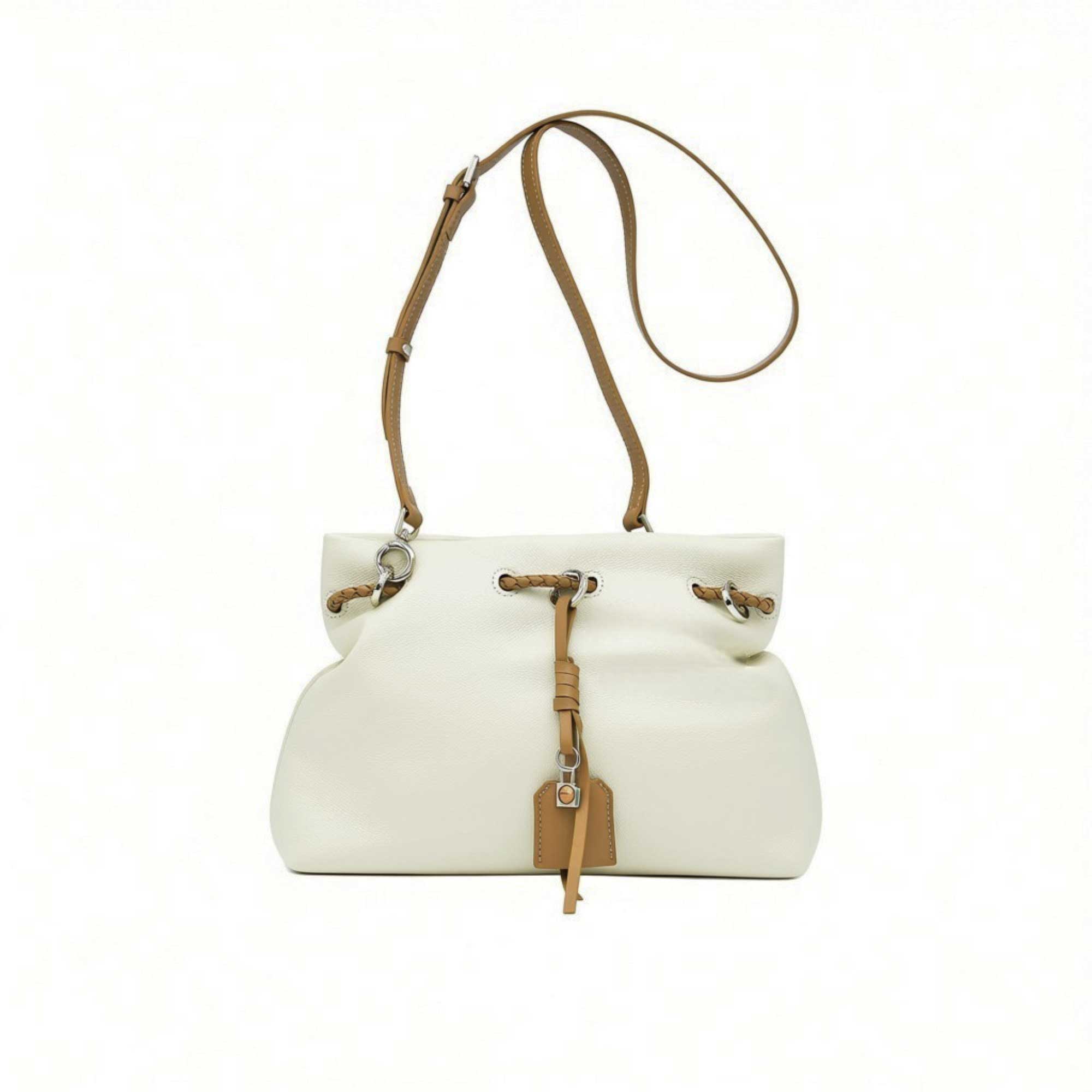 Full front shot of a light white leather MUNI handbag with its shoulder strap extended vertically, from BLUE SALON.