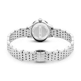 Silver-toned stainless steel watch with a multi-link bracelet and deployment clasp, viewed from the back showing engraved cas