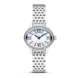 Silver-toned oval watch with crystal-studded bezel, white mother-of-pearl dial, blue Roman numerals, and multi-link bracelet.