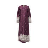 A long-sleeved, floor-length plum purple kaftan by NERO featuring a crossover V-neck and white architectural embroidery along the hem and sleeve cuffs, set against a white background.
