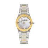 Saint Honore women's watch with silver-toned octagonal case, gold-toned screw-accented bezel, white mother-of-pearl fan patte